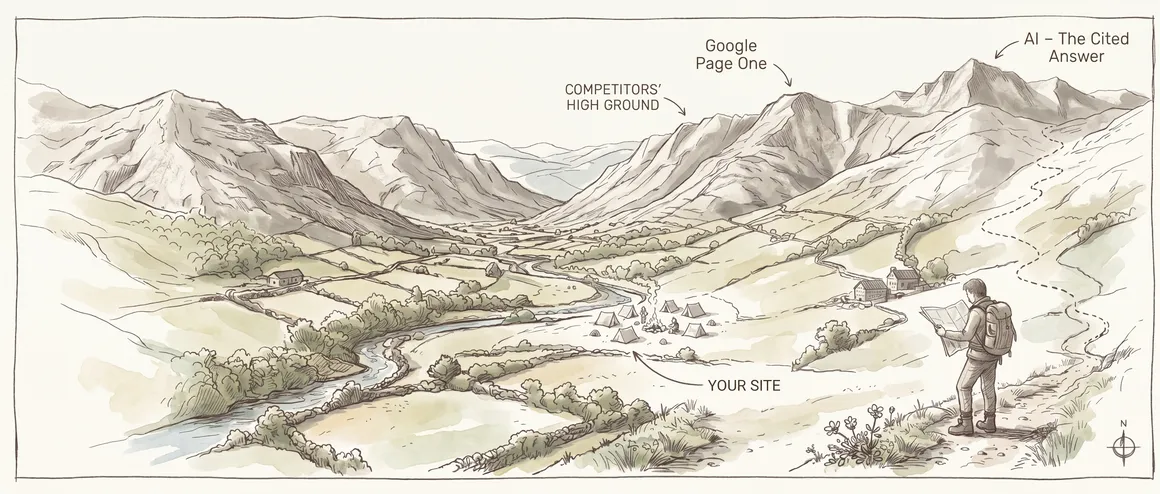 Hand-drawn watercolour panorama of the modern search landscape: from your site, a small camp beside the river, past competitors' high ground to two summits, Google page one and AI, the cited answer. A walker with a pack reads the map while a dashed trail climbs the far slope.